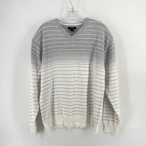 VTG Structure V-Neck‎ Mens XL (M) Gray White Striped Ombre Cotton Knit Sweater